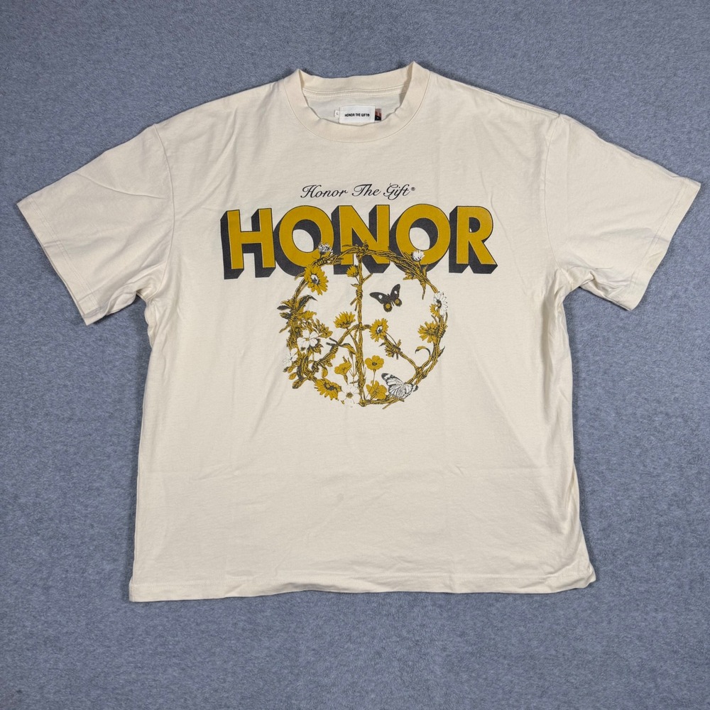 Honor The Gift Graphic T-Shirt Mens Large Cream Peace Sign Floral